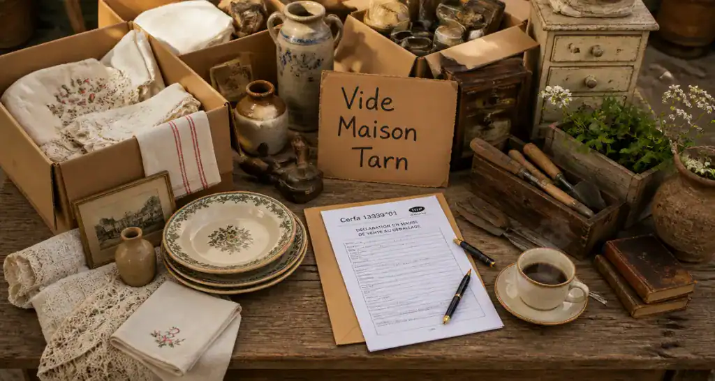 Vide maison dans le 81, objets et formulaire Cerfa sur table