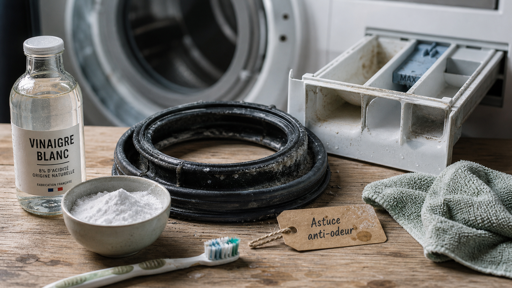 Astuce grand mère odeur lave-linge : vinaigre blanc et joint