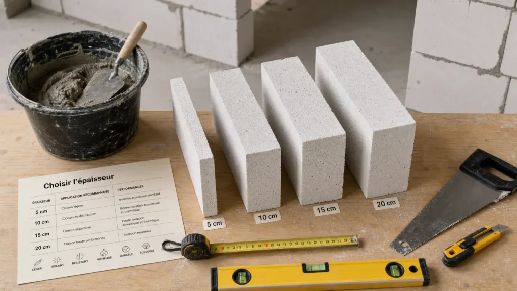 Bloc beton cellulaire, épaisseurs 5 à 20 cm, choix de l’épaisseur