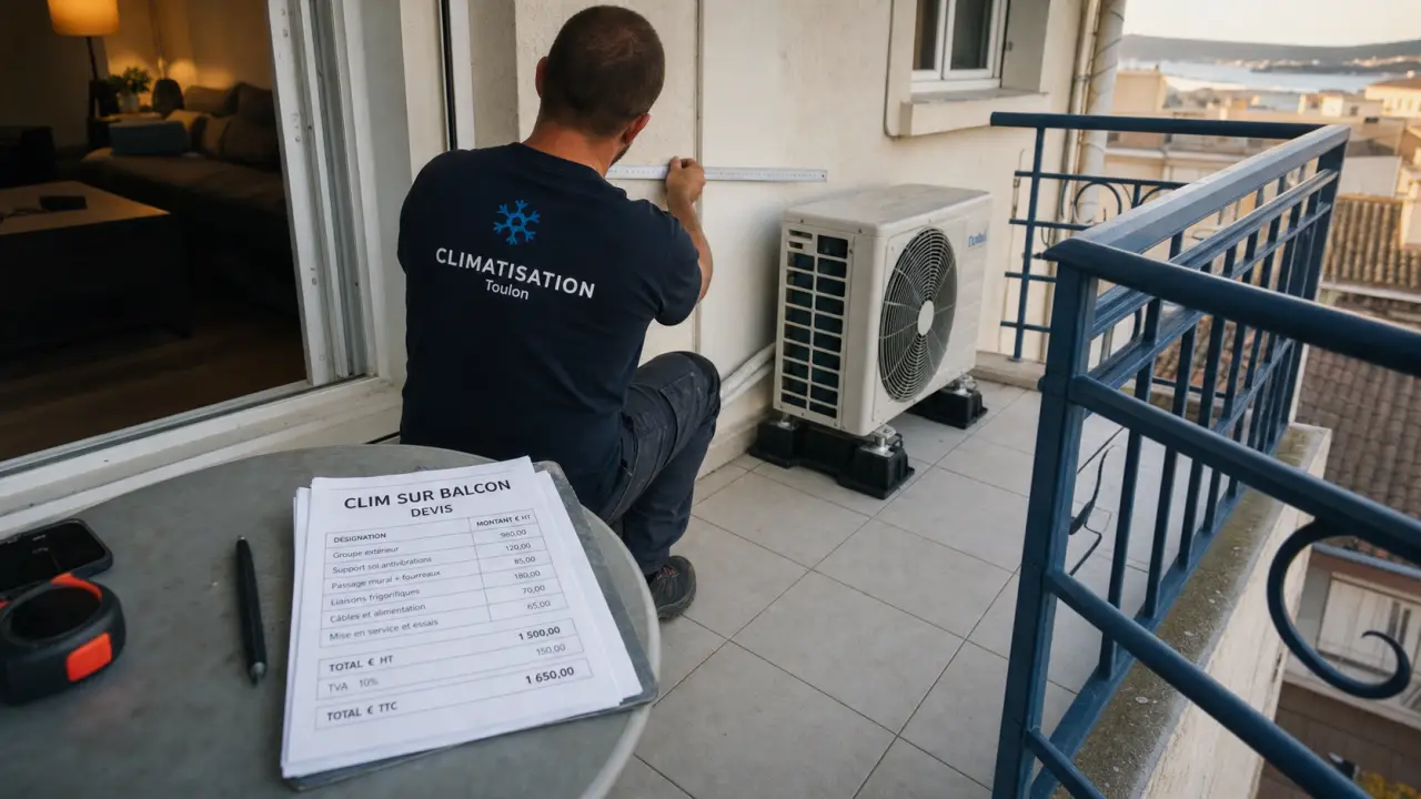 Climatisation appartement balcon Toulon : groupe extérieur installé proprement
