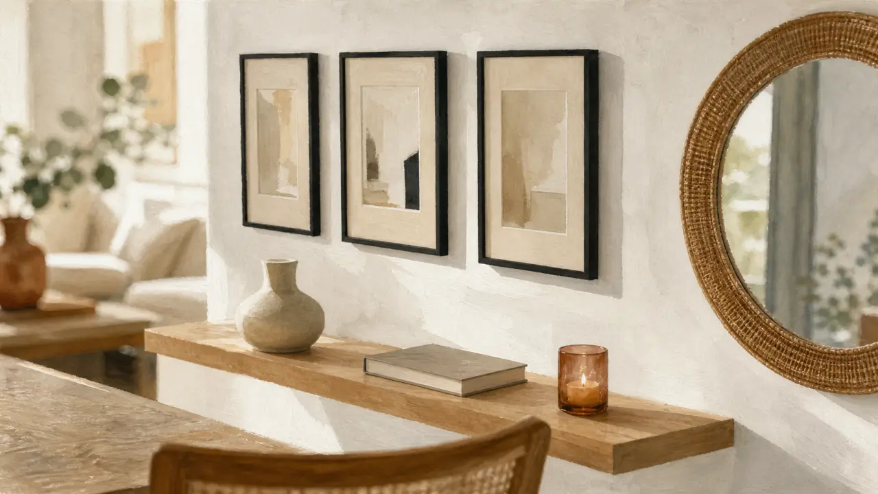Decorer un mur blanc : cadres noirs, étagère bois et textures