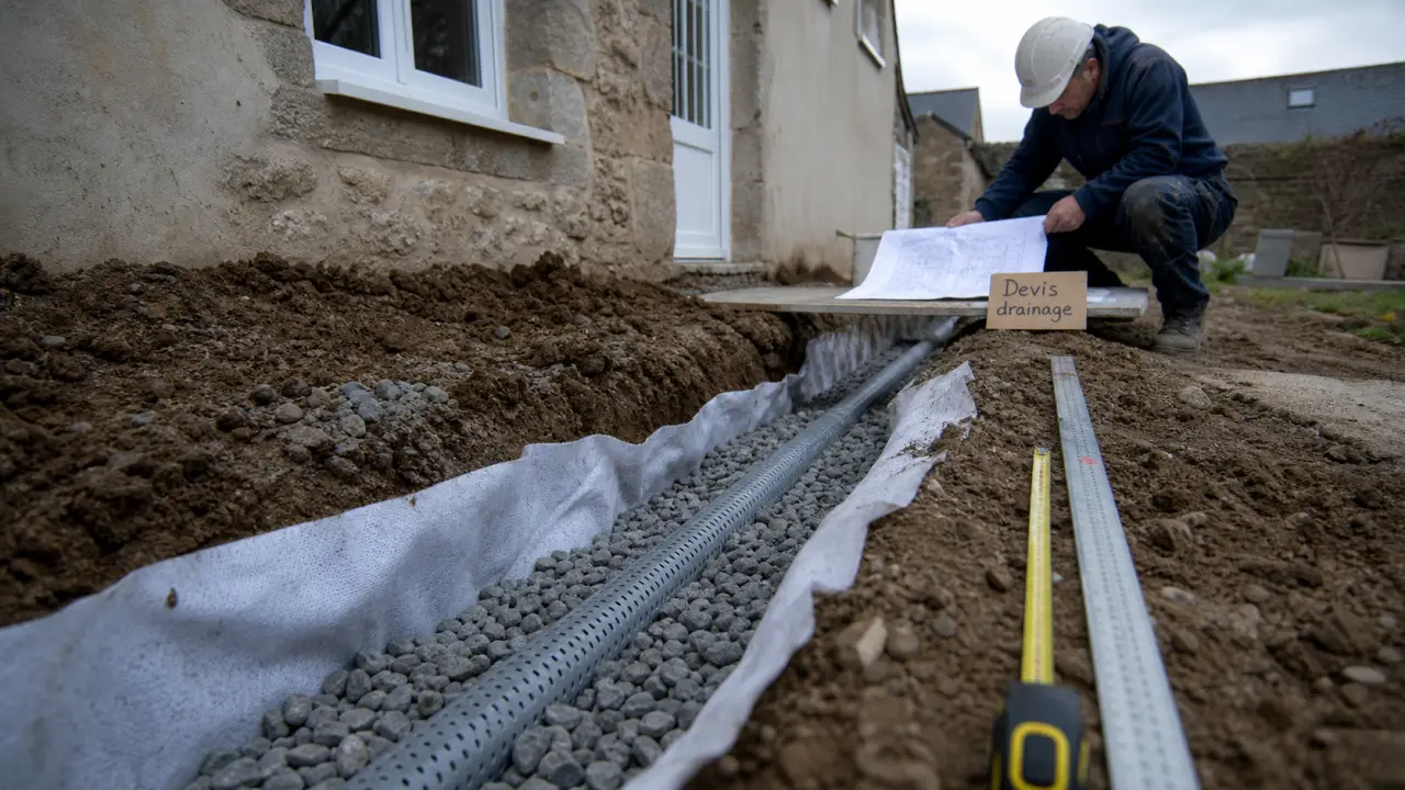 Devis travaux drainage : tranchée avec tuyau drainant et gravier