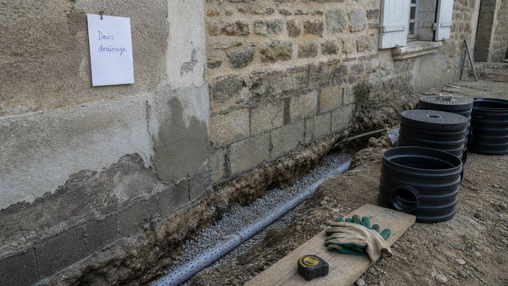 Drainage maison ancienne prix : tranchée drainante le long d’une façade