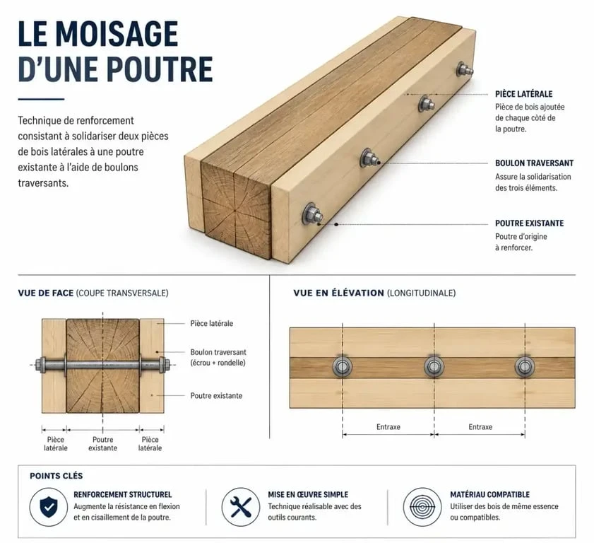 Schéma technique expliquant la technique du moisage pour le renforcement d'une poutre en bois