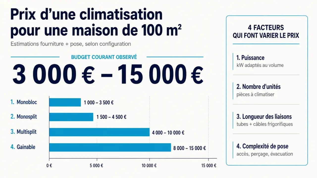 Prix climatisation maison 100m2 : comparaison visuelle des coûts selon monobloc, monosplit, multisplit et gainable