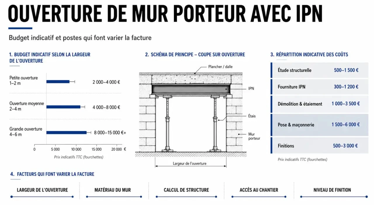 Mur porteur IPN prix : visuel éditorial des coûts et des facteurs d’une ouverture de mur porteur