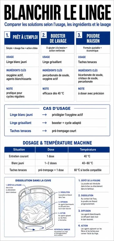 Infographie produit blanchissant pour linge : comparaison des solutions, ingrédients et conseils d’usage