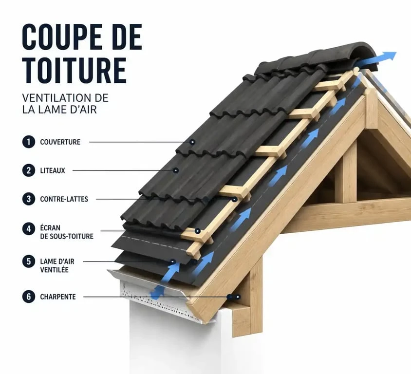 Schéma du contre lattage montrant la coupe de toiture, la ventilation et les couches de la couverture