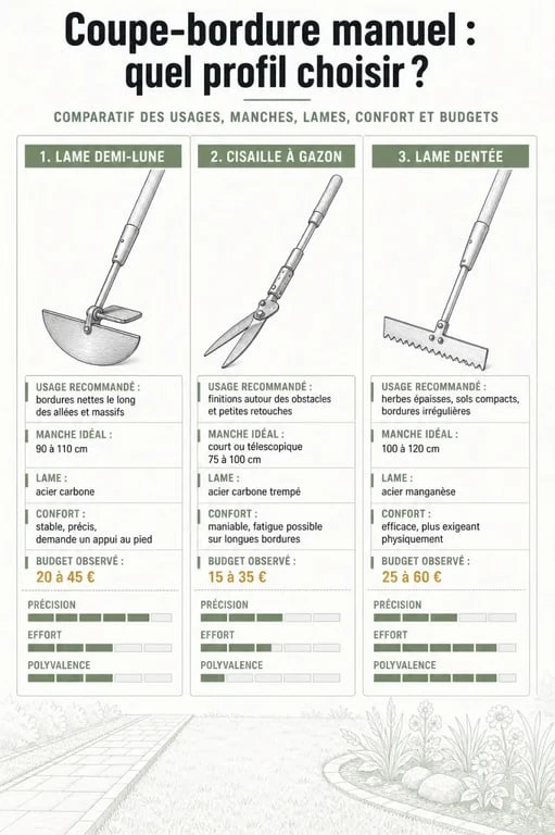 Infographie comparative du coupe bordure manuel : lame demi-lune, cisaille à gazon et lame dentée