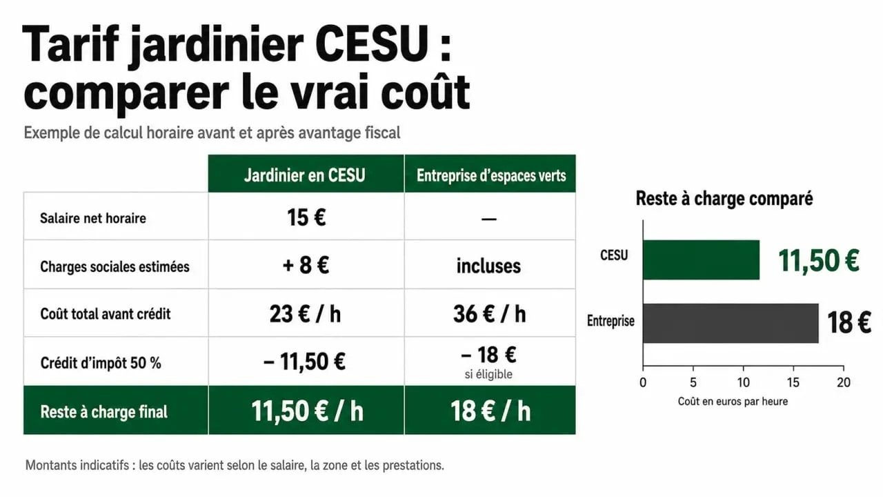 Tarif jardinier CESU : infographie comparative des coûts, charges et crédit d’impôt