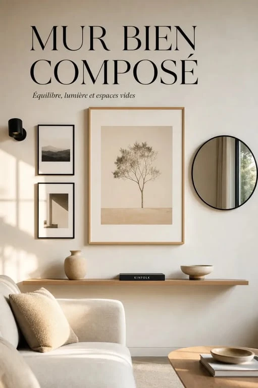 Idées pour decorer un mur blanc dans un salon lumineux avec cadres, étagère flottante et miroir