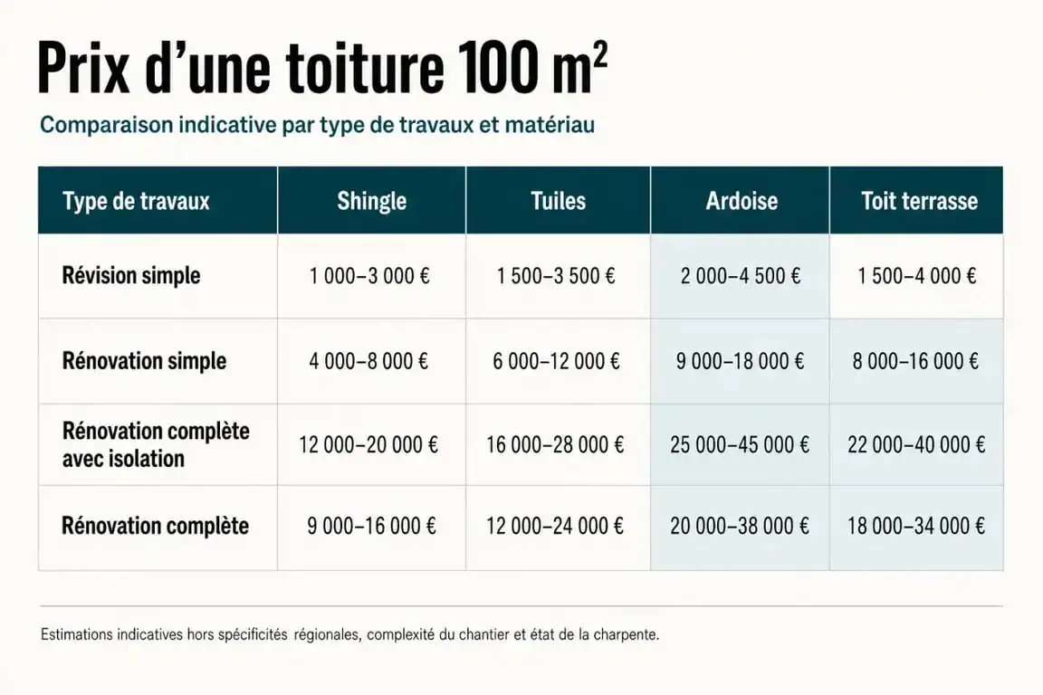Prix d une toiture 100m2 : comparatif visuel des coûts selon travaux et matériaux