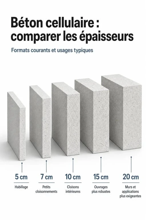 Bloc béton cellulaire : comparaison des épaisseurs 5, 7, 10, 15 et 20 cm pour cloison, mur et aménagement