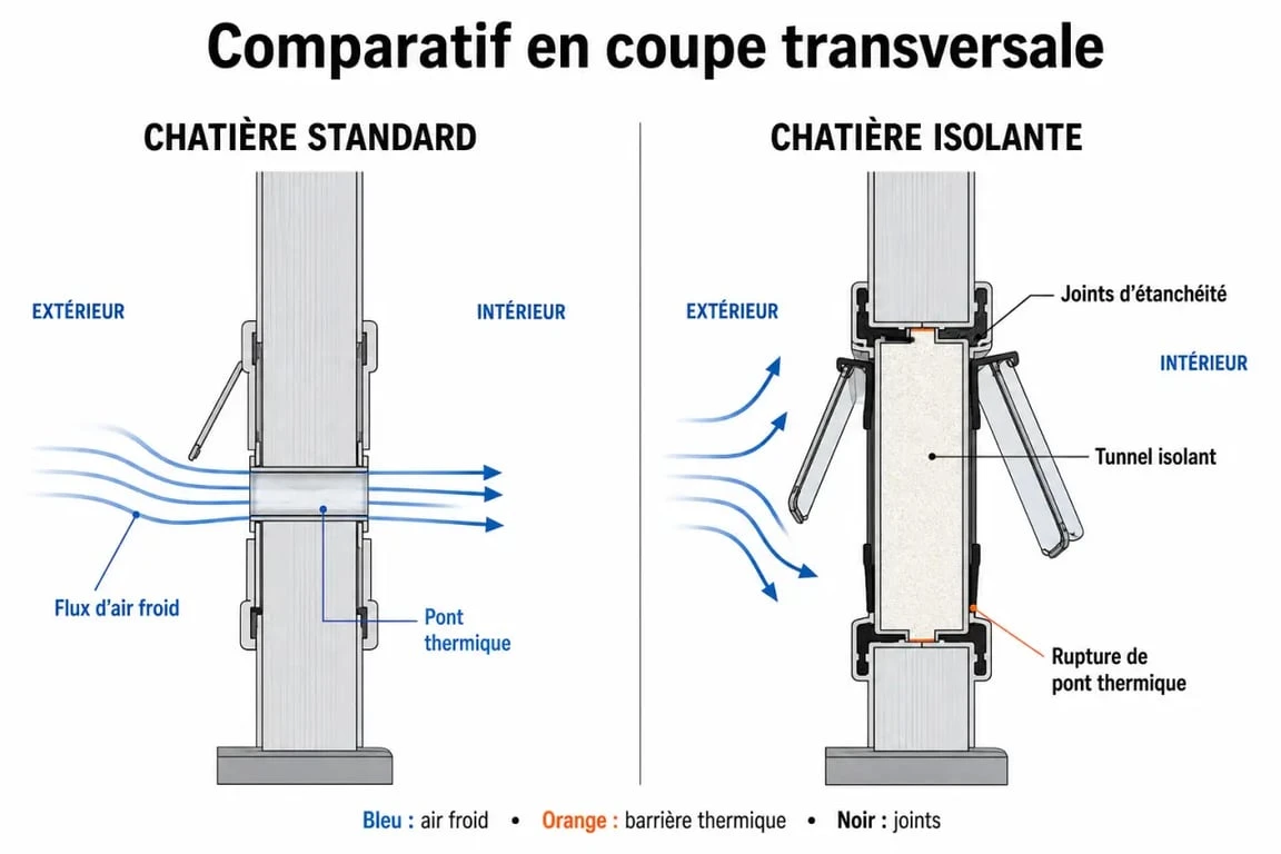 Schéma comparatif de l'isolation thermique entre une chatière standard et une chatière isolante pour éviter les déperditions d'énergie.