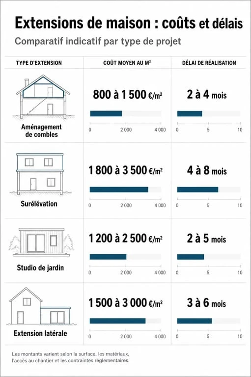 Comparatif des solutions pour agrandir sa maison : coûts et délais par type d'extension.