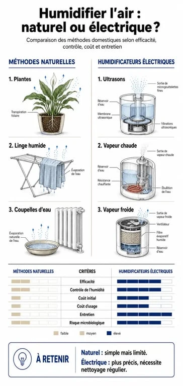 Infographie comparative des méthodes pour humidifier une chambre et améliorer la qualité de l'air