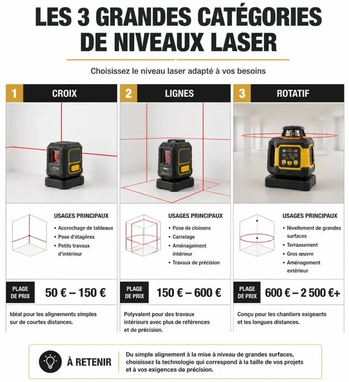 Infographie comparative des prix et usages des niveaux laser : croix, lignes et rotatif