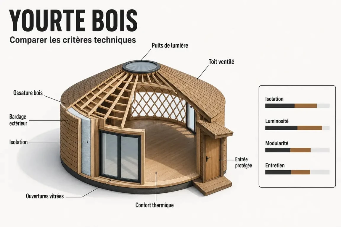 Yourte bois contemporaine avec coupe partielle montrant l’ossature, l’isolation et le puits de lumière