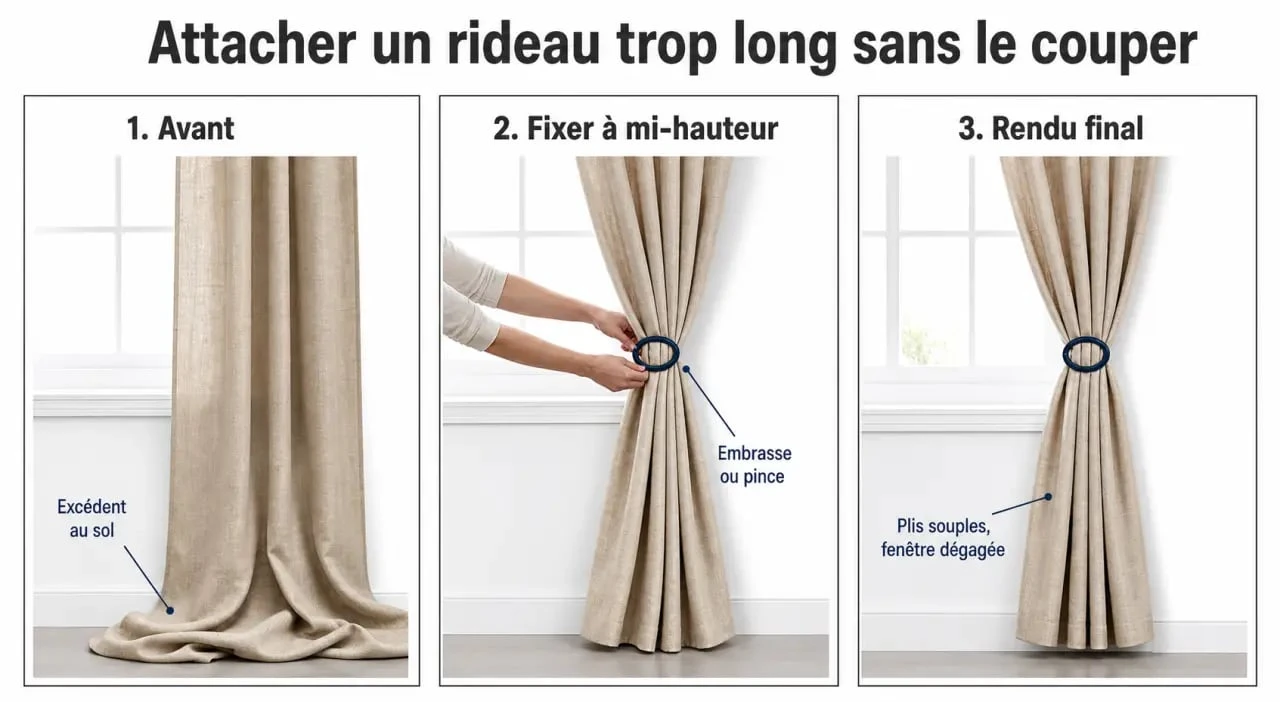 Comment attacher rideau trop long avec une embrasse ou une pince pour obtenir un rendu harmonieux