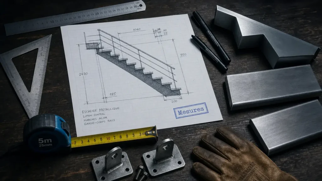 Fabriquer un escalier en metal : plan de limon et marches, pente 25°-40°
