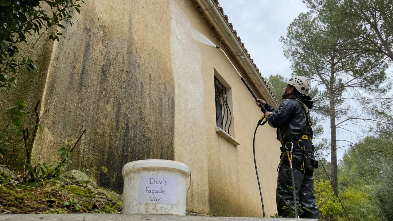 Nettoyage facade var : technicien nettoie au jet basse pression sur crépi beige avec mousses