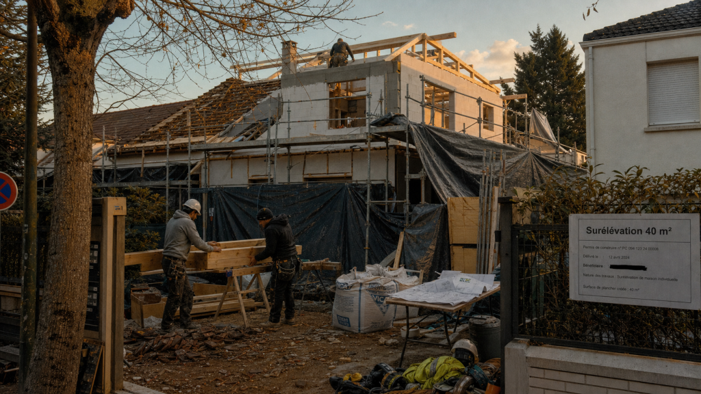 Prix surélévation maison 40m2 : maison avec échafaudage et charpente