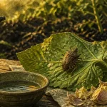 Punaise de jardin sur feuille de tomate, avec ail écrasé.