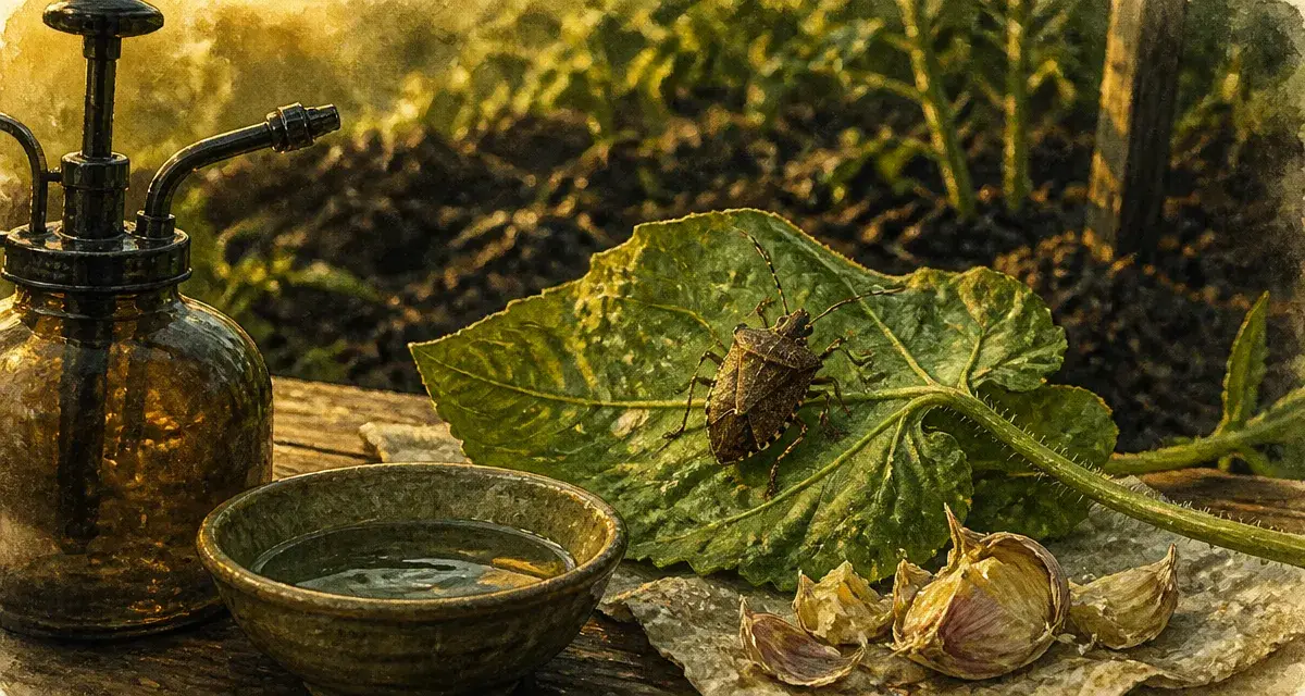 Punaise de jardin sur feuille de tomate, avec ail écrasé.