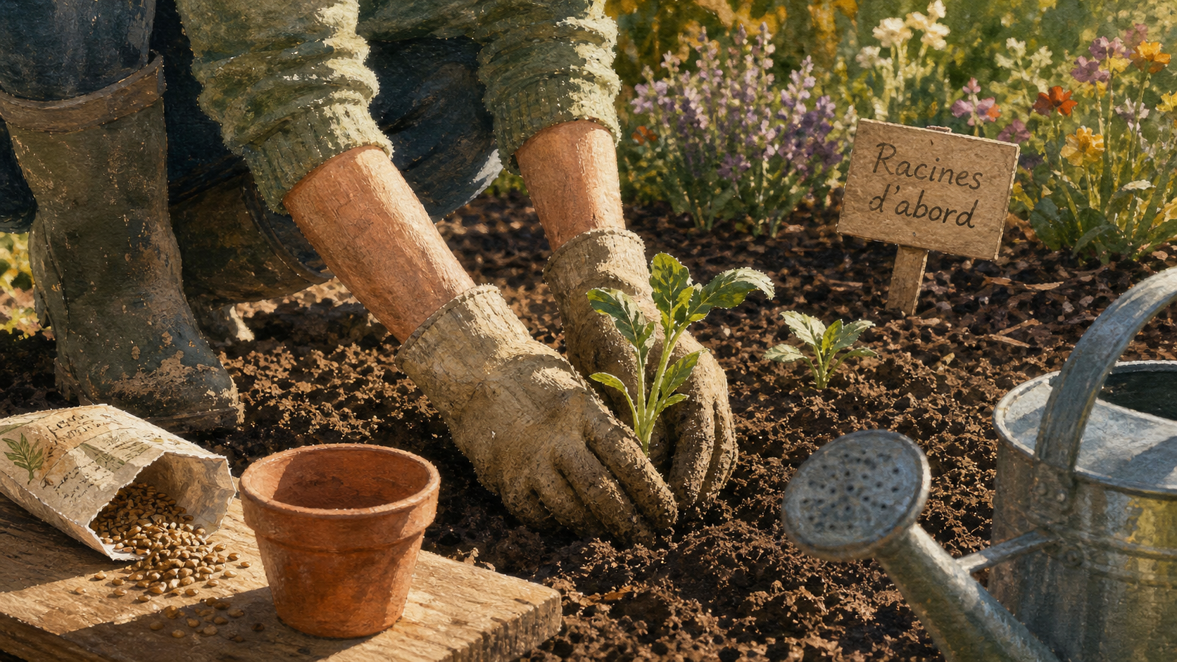 Quand planter des fleurs : mains qui plantent des jeunes plants dans la terre