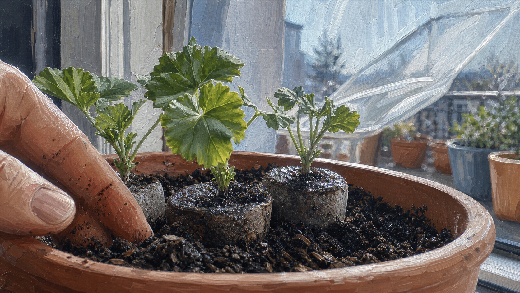 Quand planter geranium : godets de pélargoniums près d’une fenêtre avant les saints de glace