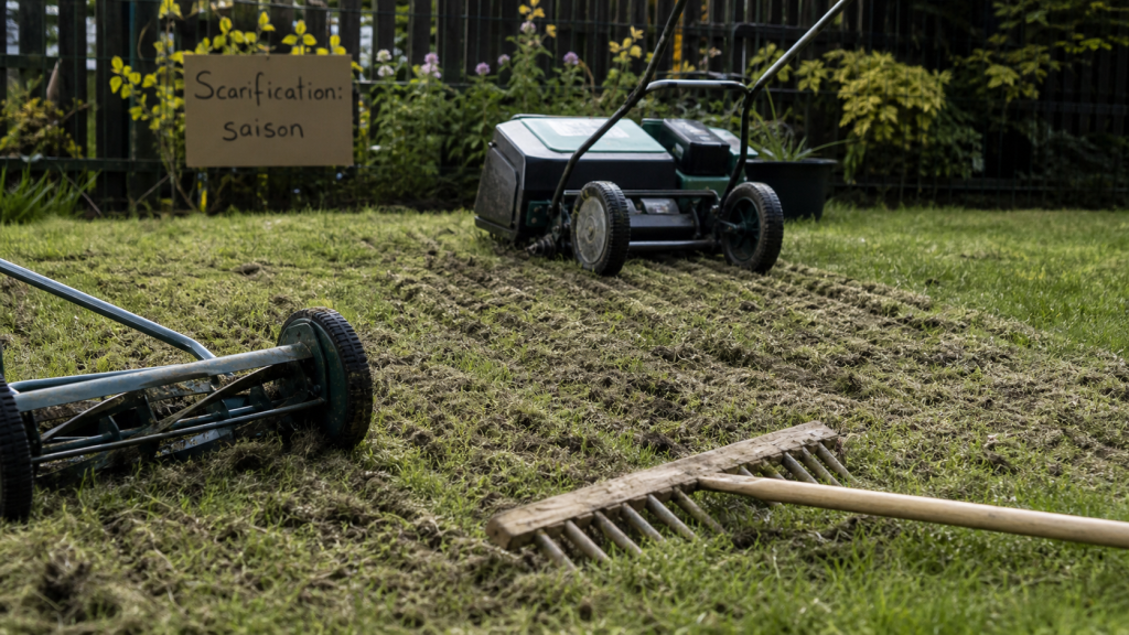 Quand scarifier pelouse : scarification avec râteau et scarificateur pour un gazon dense