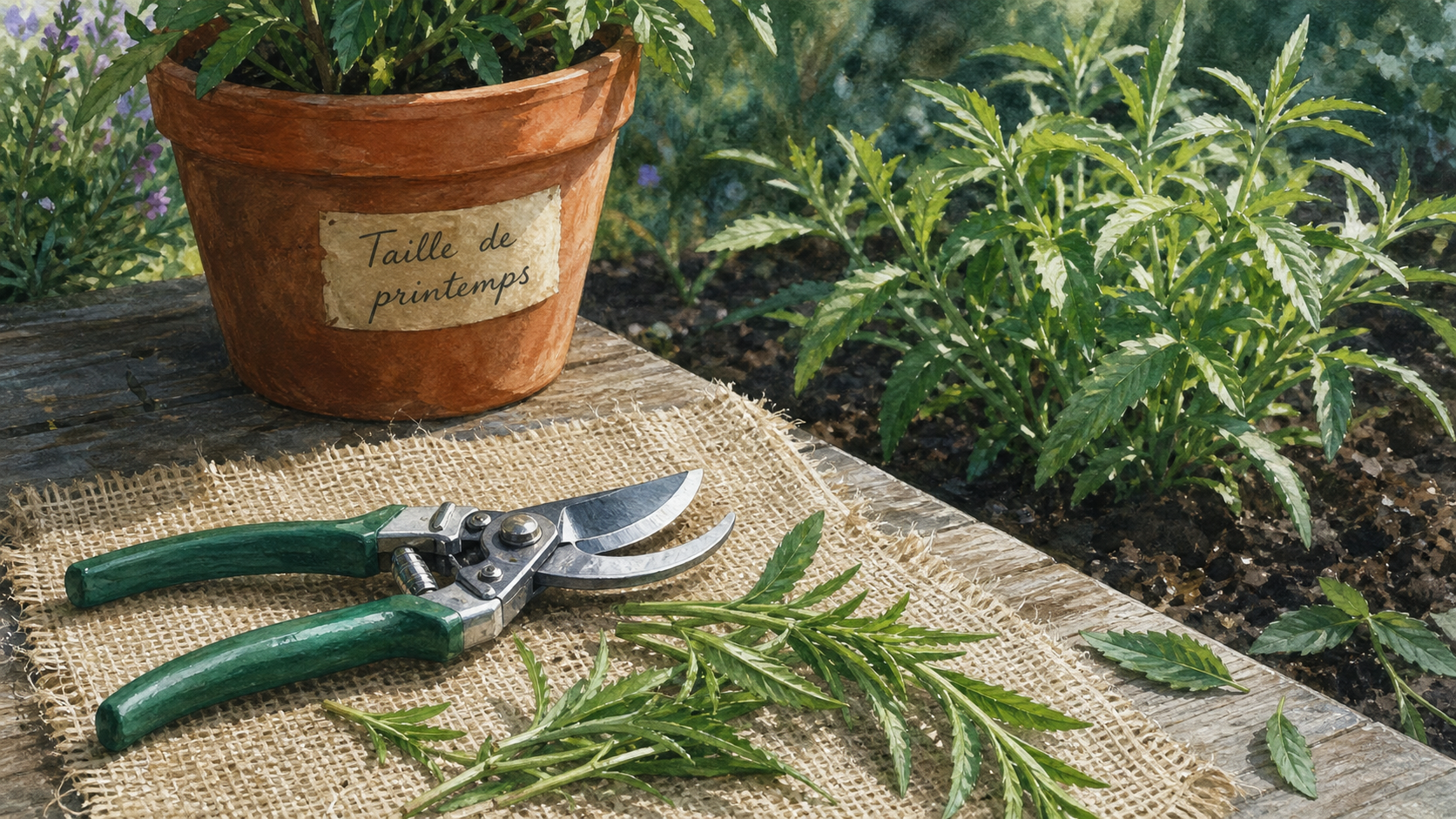 Quand tailler la verveine au printemps : sécateur et tiges de verveine citronnelle