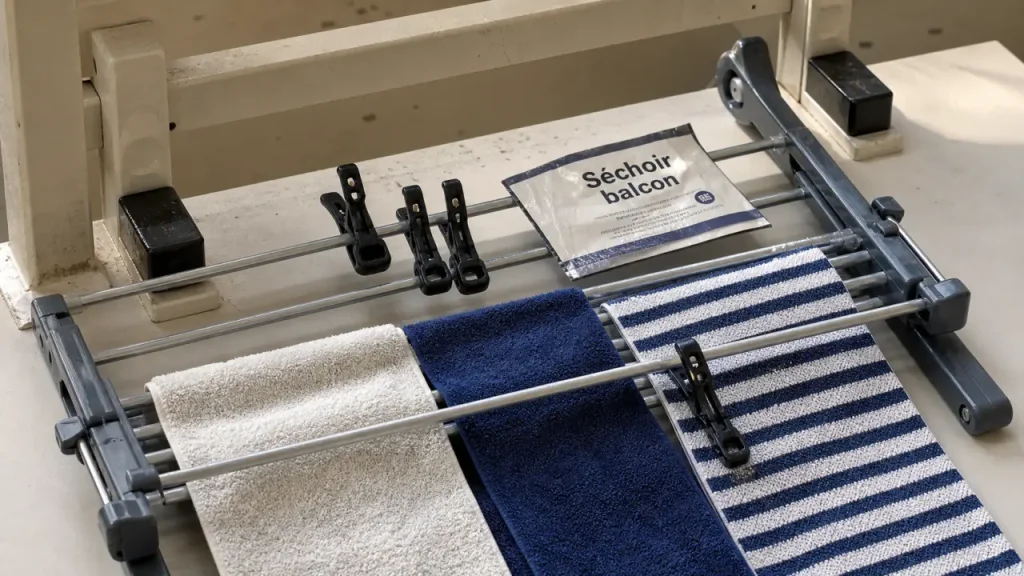 Sechoir balcon extensible sur rambarde de balcon