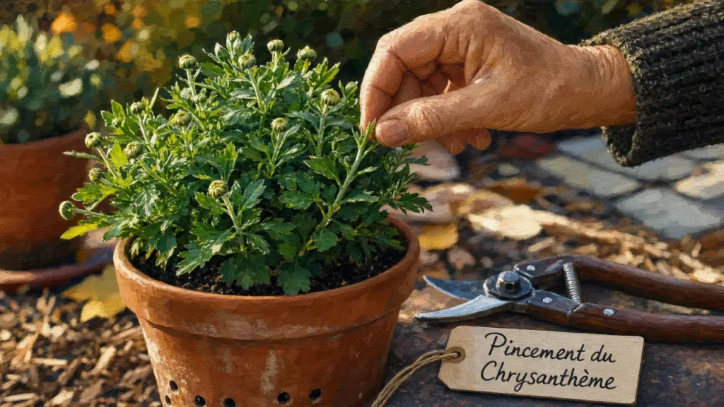 Taille chrysanthème : pincement à 10–15 cm pour densifier la floraison
