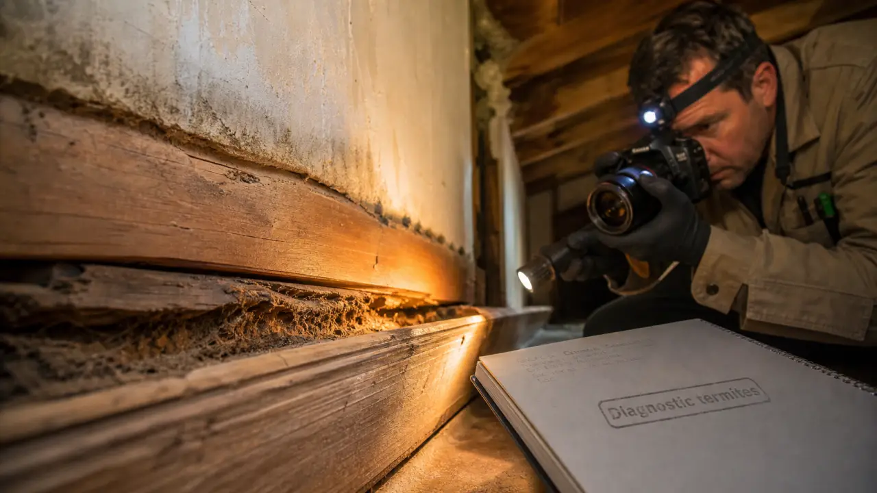Traitement termites Var : galeries visibles sous plinthe en bois