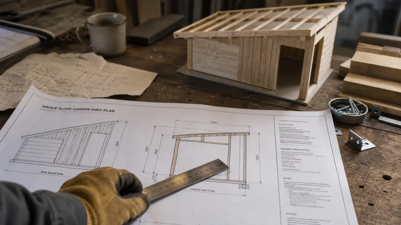 Plan appenti schema : abri de jardin bois 1 pente, coupe côtés, pente et fondations à vérifier.