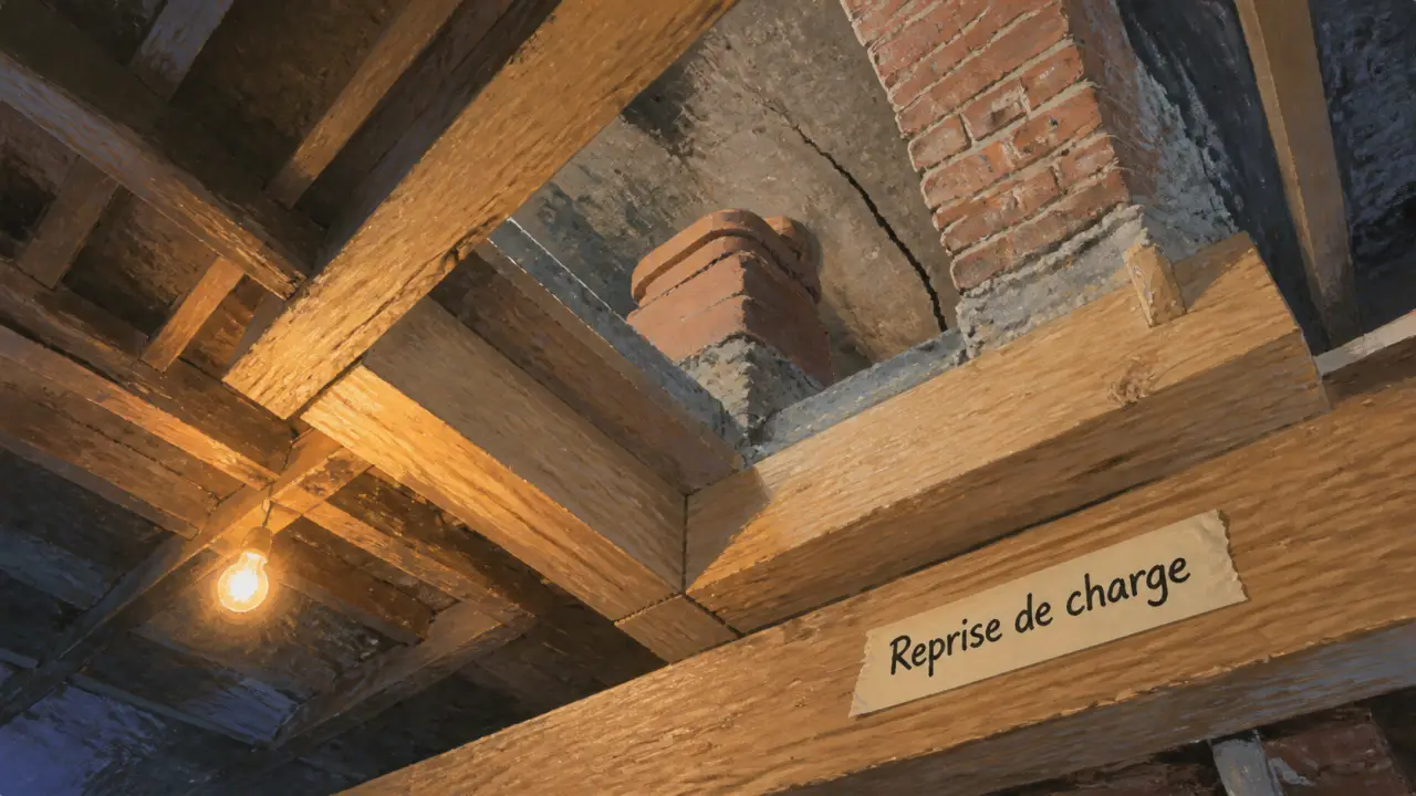 Chevêtre bois pour soutenir un conduit de cheminée, reprise de charge.