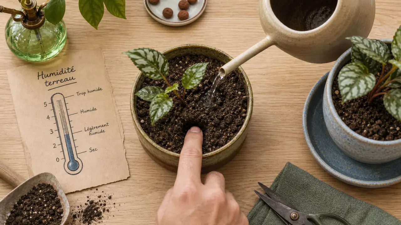 Comment arroser ses plantes d'intérieur : doigt teste le terreau humide, éviter les racines noyées