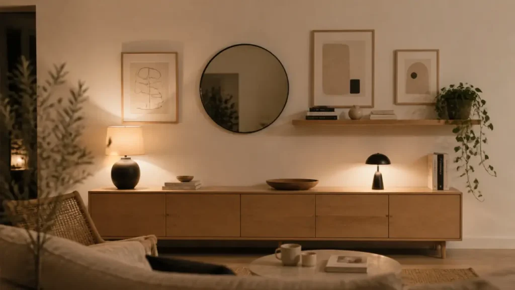 Décorer un mur blanc sans le surcharger : cadres, étagères et lumière
