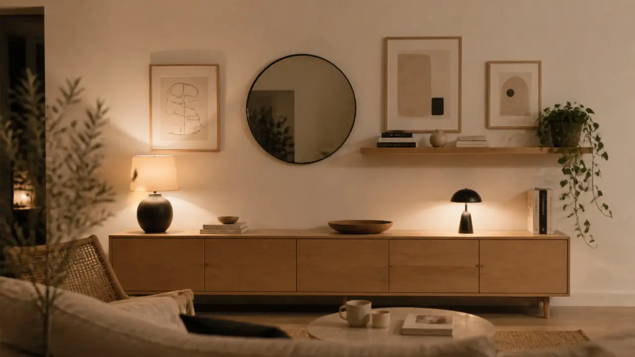 Décorer mur blanc avec cadres, étagères et lumière
