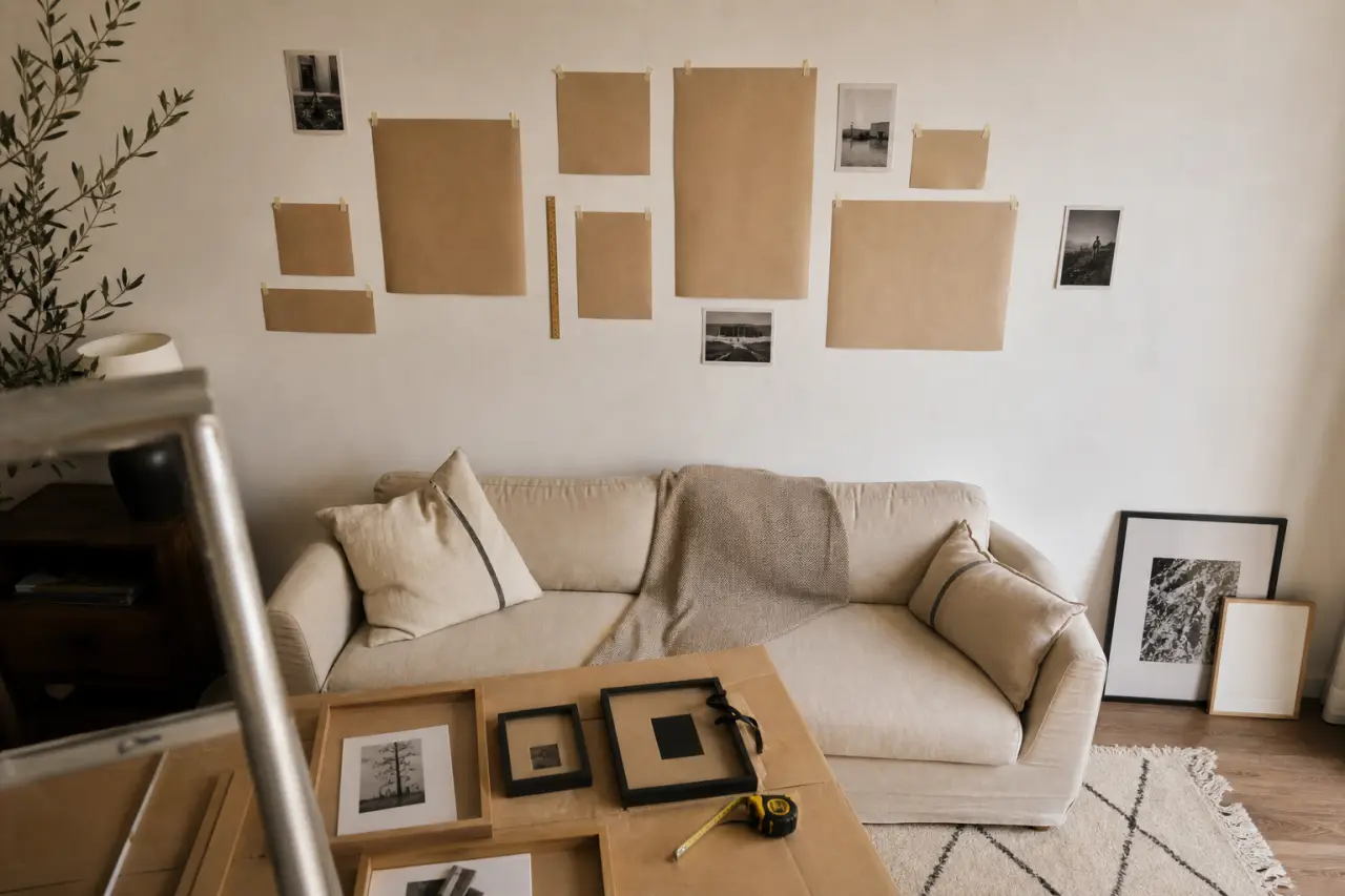 Disposition cadre mural : espacements et alignements nets sur mur blanc