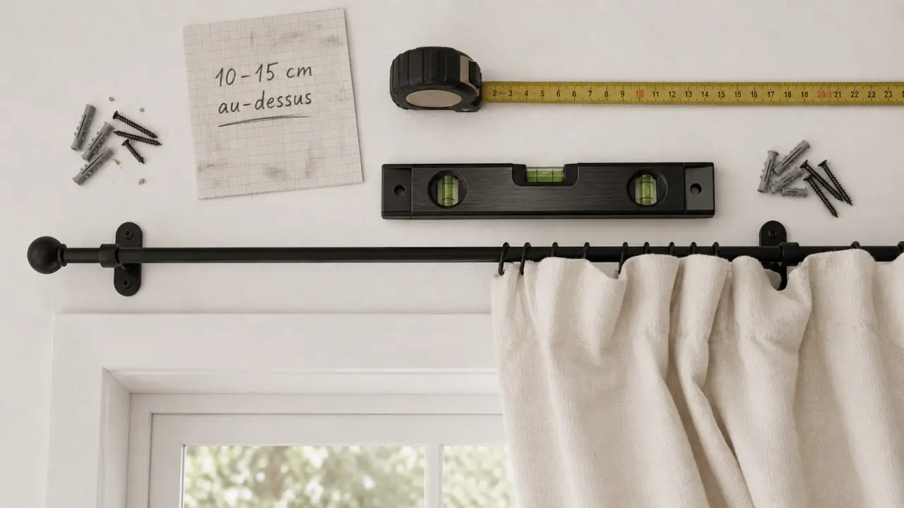 Distance tringle rideau plafond : 10 à 15 cm au-dessus de la fenêtre