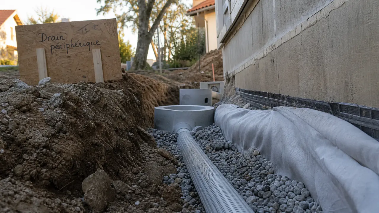 Drain autour d'une maison : tranchée drainante avec tuyau perforé et géotextile