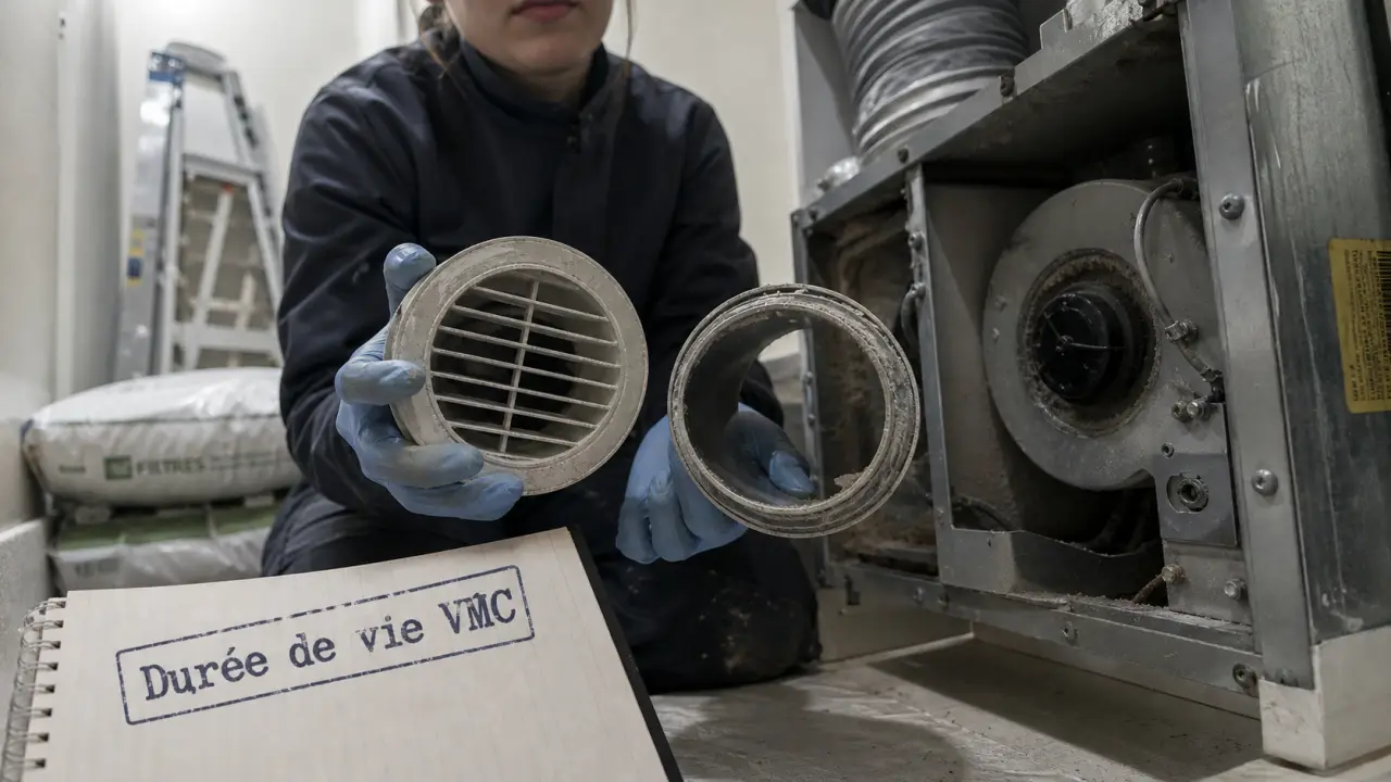 Durée de vie VMC : technicien inspecte moteur et gaines
