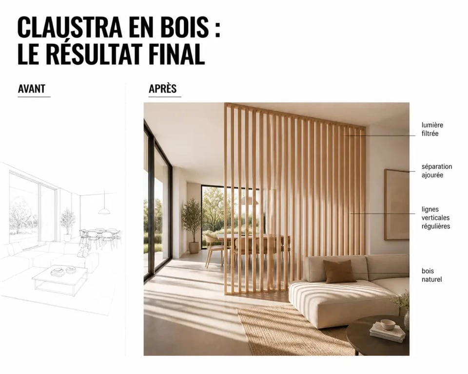 Fabriquer claustra bois : rendu final dans un salon avec lumière filtrée