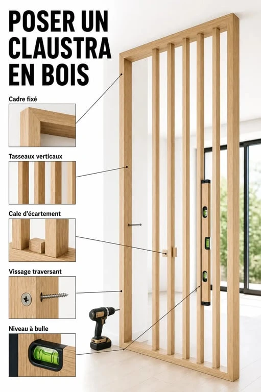 Fabriquer claustra bois : assemblage et fixation des tasseaux dans une pièce lumineuse