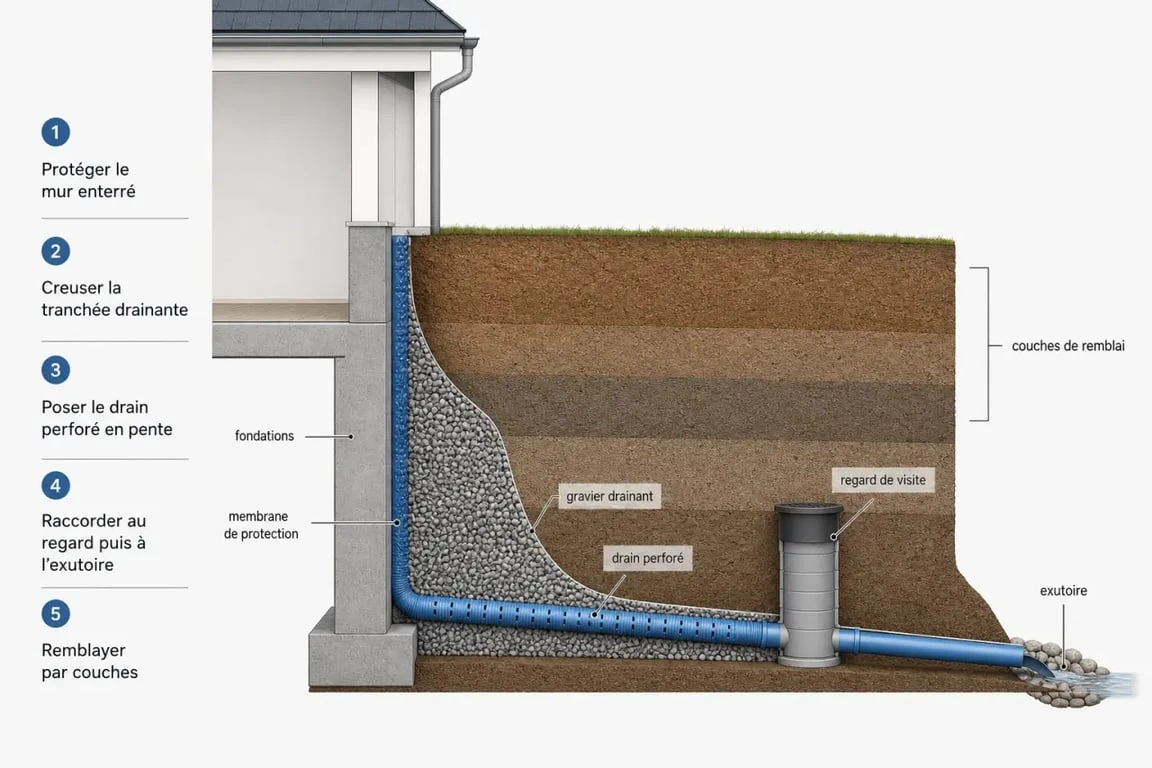 Drain autour d'une maison : schéma éditorial de pose avec tranchée, pente, regards et exutoire