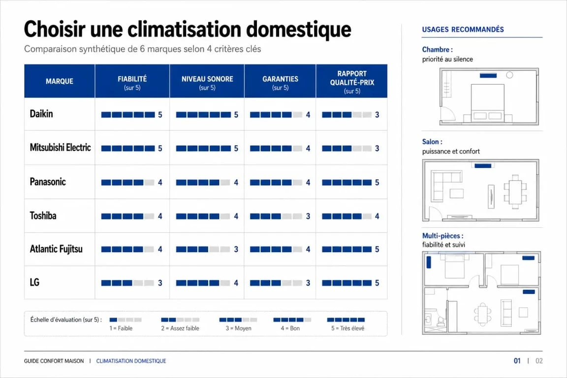 Comparatif visuel pour choisir le meilleur marque de climatiseur selon la fiabilité, le silence, les garanties et le rapport qualité-prix