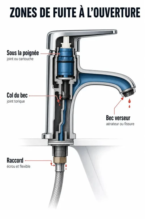 Schéma du robinet qui fuit quand on l'ouvre avec les zones de fuite possibles