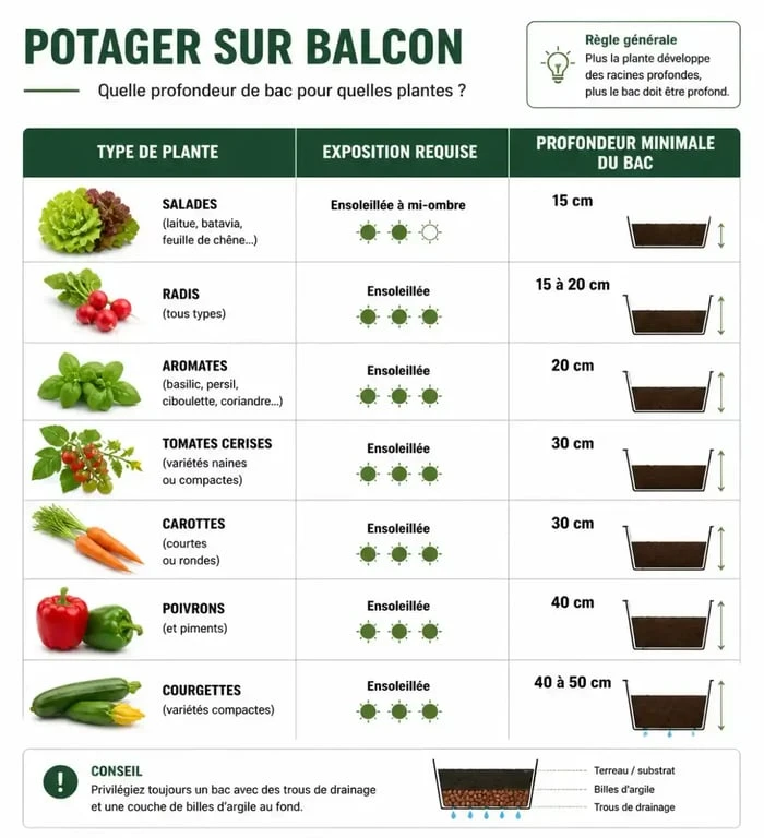Tableau récapitulatif des besoins des plantes pour un potager sur balcon